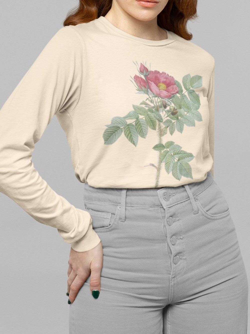 Kamtschatka Rose Vintage Floral Print Long Sleeve Graphic Tee T-shirt S-XXL